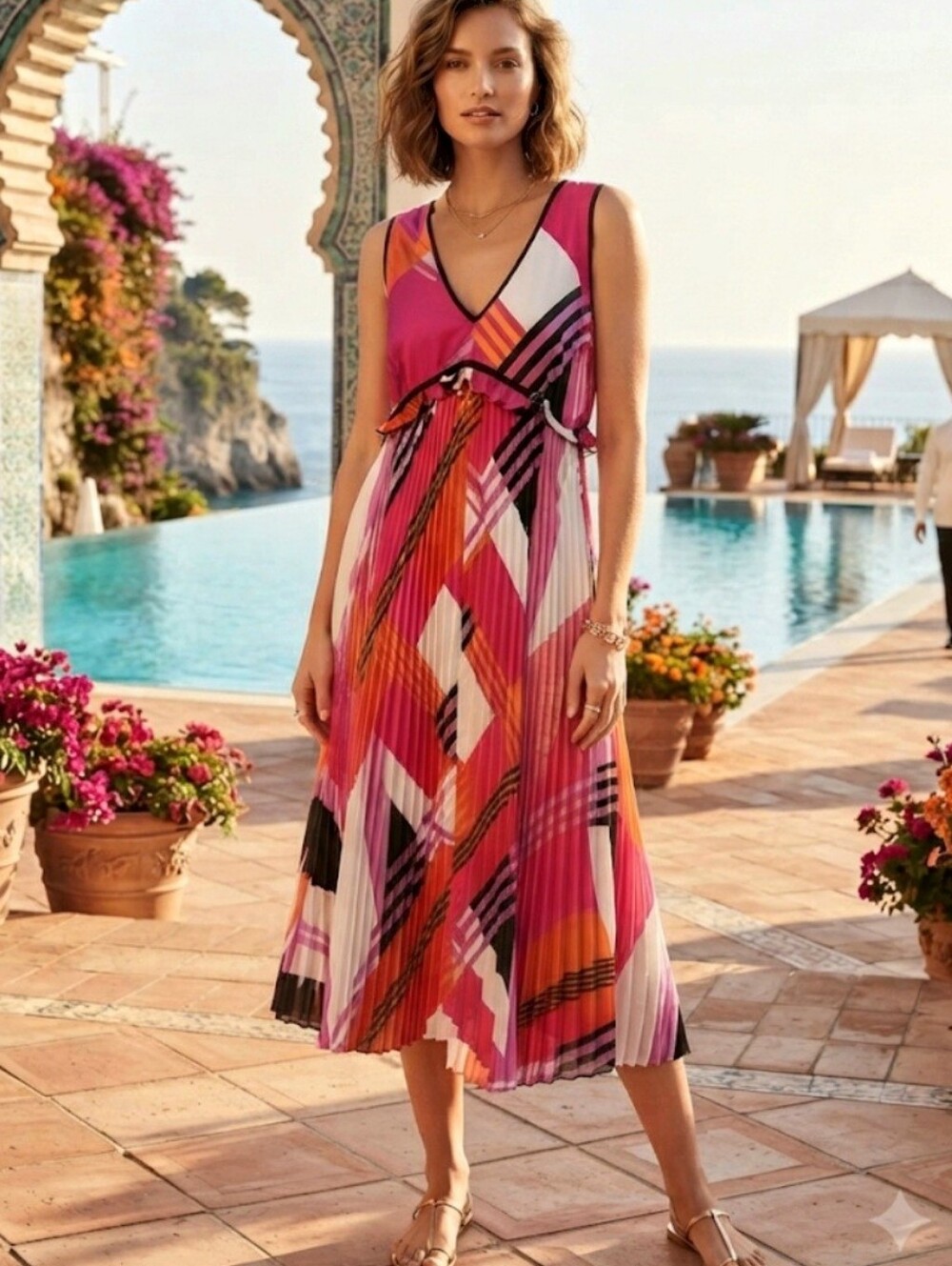 Karl Lagerfeld Paris Vibrant Geometric Pleated Midi Dress Size 10